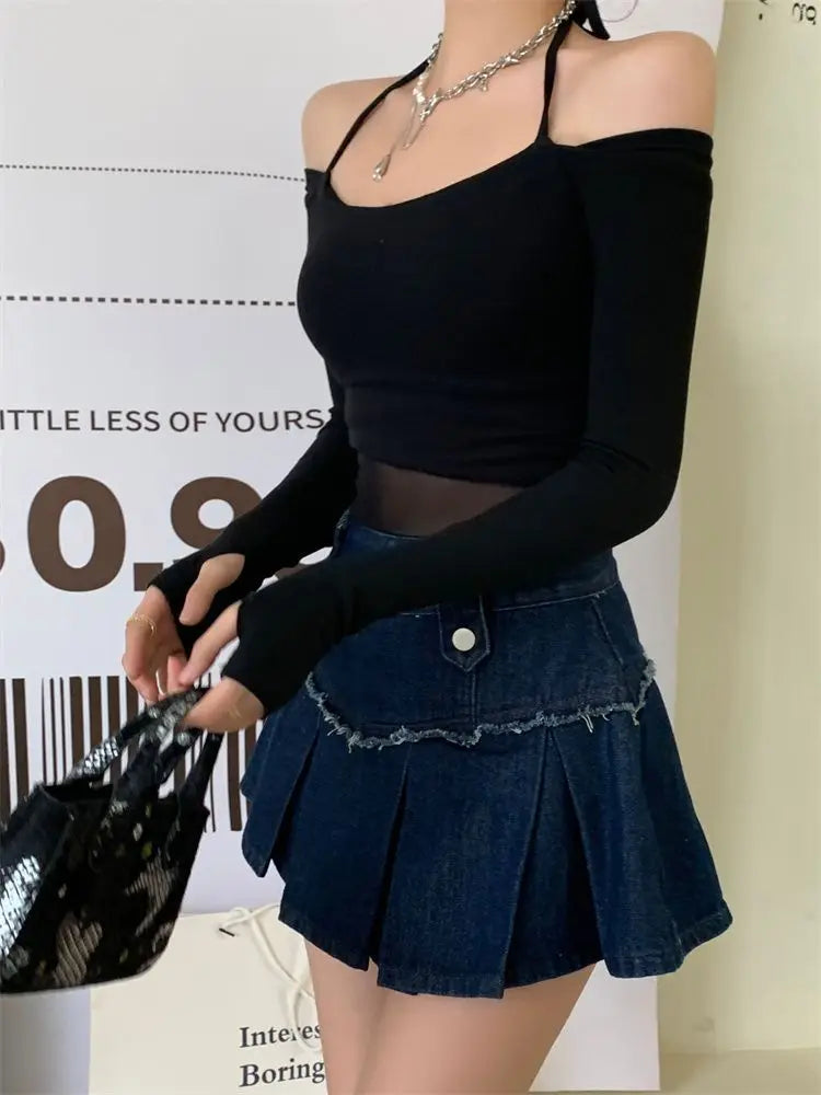 Camiseta de manga larga para mujer, estilo halter, informal, de gasa, con hombros descubiertos, estilo Y2k, para fiesta y club, 2025