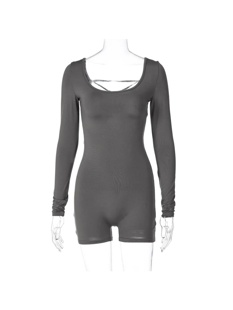 Mono ajustado sexy con mangas largas y espalda descubierta y cordones sólidos para mujer, moda de verano 2025, ropa de calle Y2K para fiesta y club.