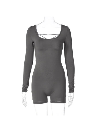 Mono ajustado sexy con mangas largas y espalda descubierta y cordones sólidos para mujer, moda de verano 2025, ropa de calle Y2K para fiesta y club.