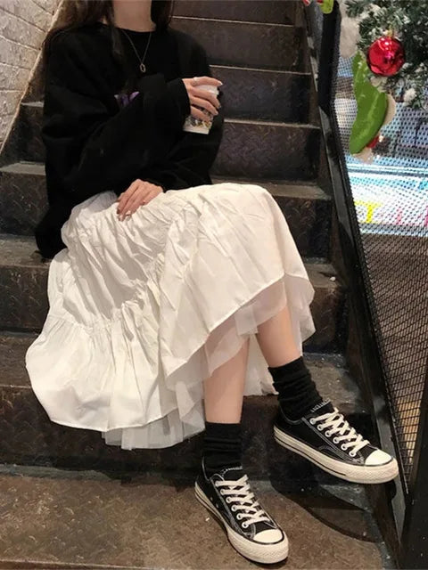 Long Tulle Midi Skirts Womens 2025 Autumn Elastic High Waist Mesh Tutu Pleated Skirts Female Black White Long Skirt Streetwear