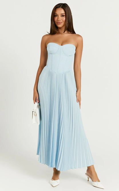Loretta Midi Dress Lace Up Back Bustier Pleated Dress in Light Blue