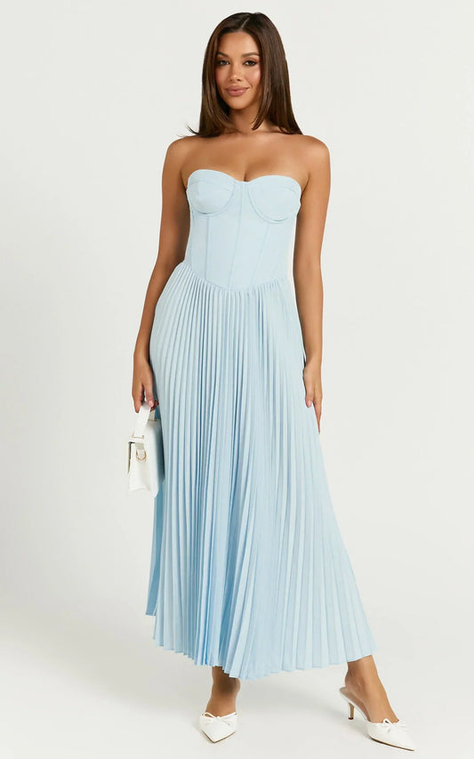 Loretta Midi Dress Lace Up Back Bustier Pleated Dress in Light Blue