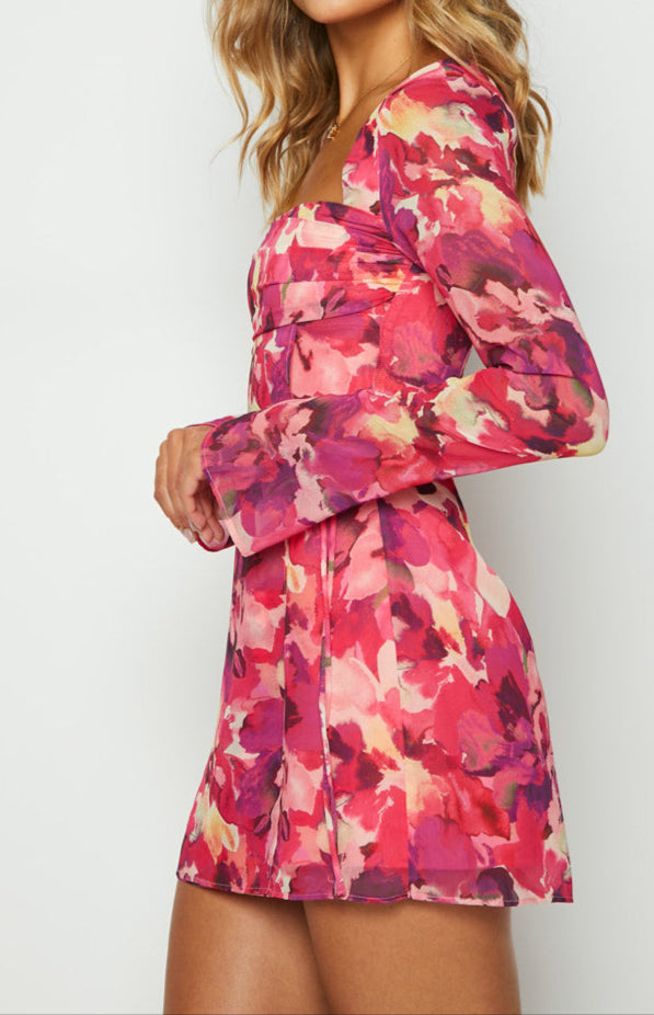 Mafalda Pink Print Long Sleeve Mini Dress