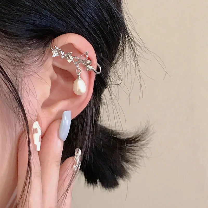 Korean Delicate Zircon Butterfly Clip Earrings for Women Elegant Pearl No Piercing Cartilage Jewelry