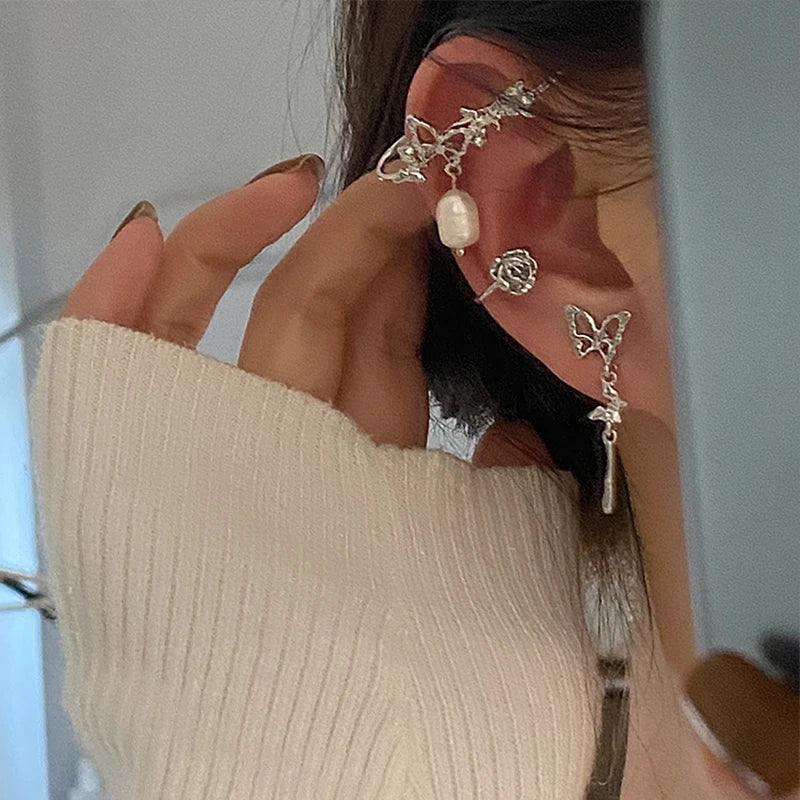 Korean Delicate Zircon Butterfly Clip Earrings for Women Elegant Pearl No Piercing Cartilage Jewelry