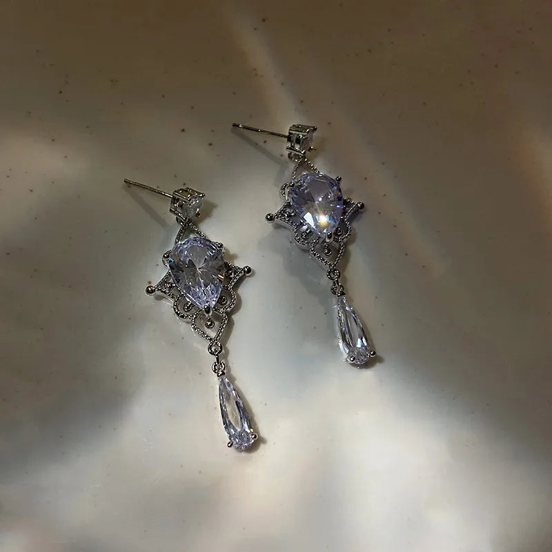Korean Baroque Shiny Waterdrop Crystal Drop Earrings for Women and Girls in Silver Color