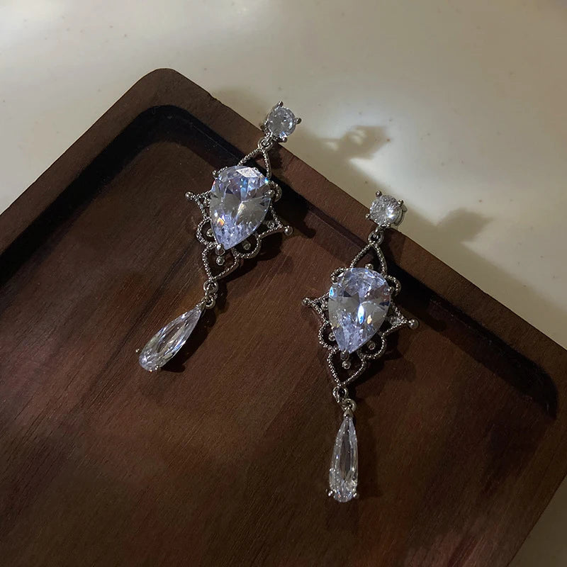 Korean Baroque Shiny Waterdrop Crystal Drop Earrings for Women and Girls in Silver Color