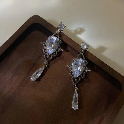 Korean Baroque Shiny Waterdrop Crystal Drop Earrings for Women and Girls in Silver Color