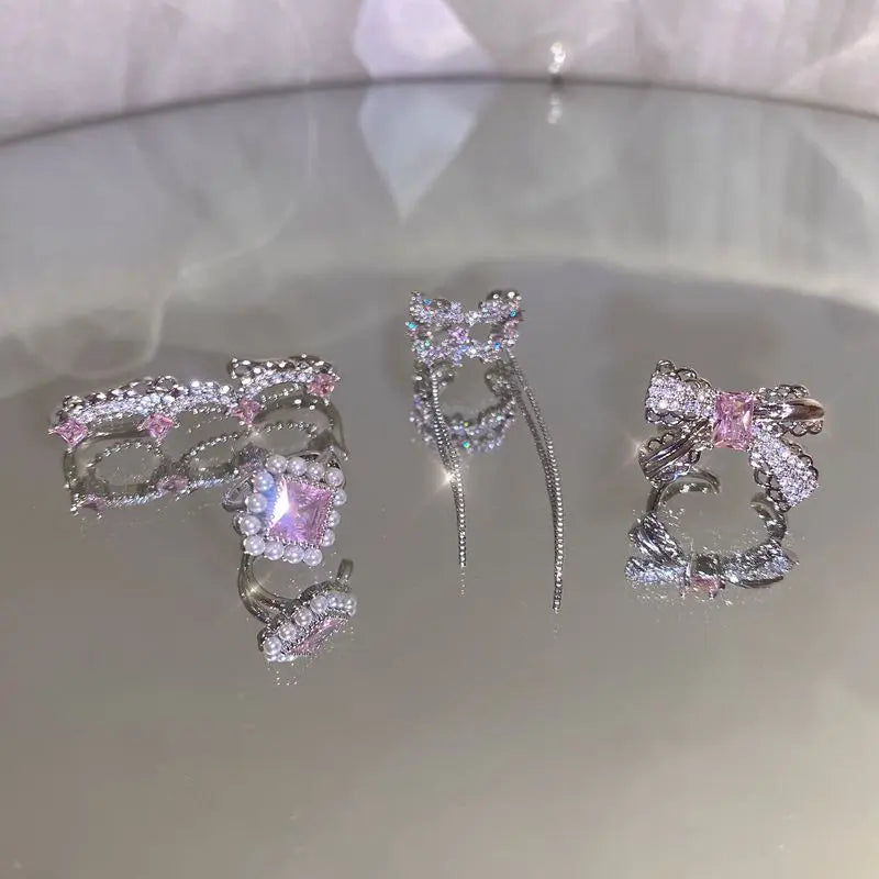 Korean Pink Crystal Bowknot Clip Earrings for Women Elegant Pearl Zircon No Piercing Cartilage Jewelry