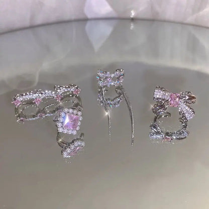 Korean Pink Crystal Bowknot Clip Earrings for Women Elegant Pearl Zircon No Piercing Cartilage Jewelry