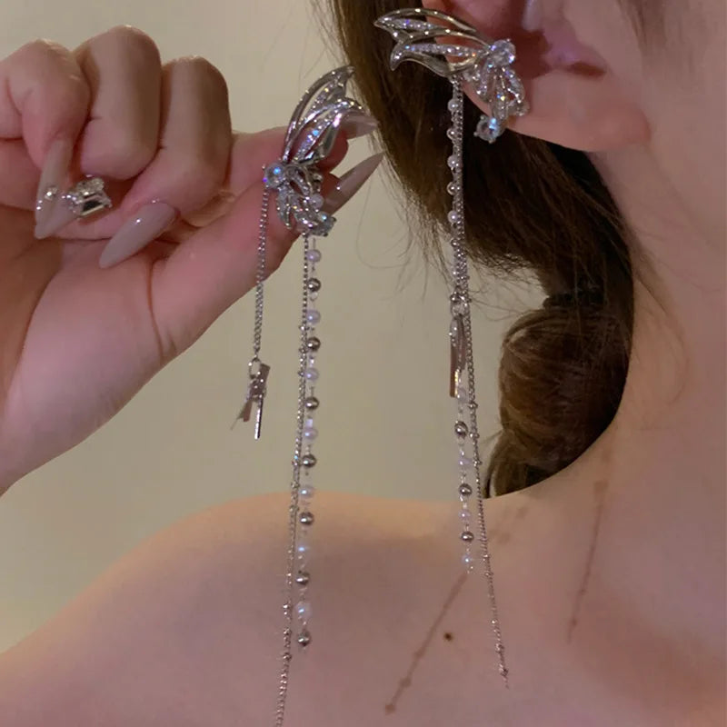Lizakosht Korean Fashion Butterfly Earrings with Zirconia and Pearl Tassel for Women Modern Ear Clips
