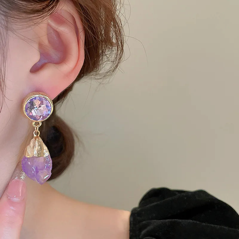 Lizakosht Retro Purple Round Crystal Irregular Dangle Earrings for Women Girls Modern Aretes De Mujer