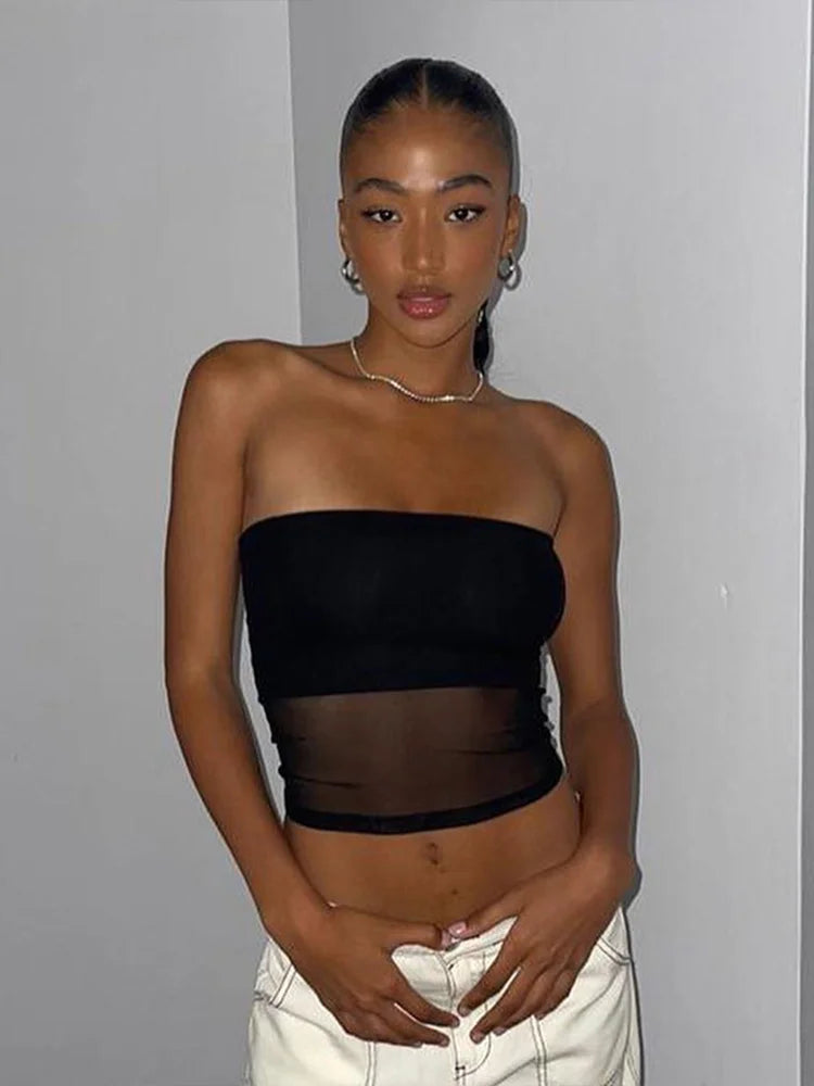 Top corto negro con corsé de malla para mujer, top de tubo con retazos, top sexy sin mangas con hombros descubiertos, camisola de verano, camisetas sin tirantes ajustadas