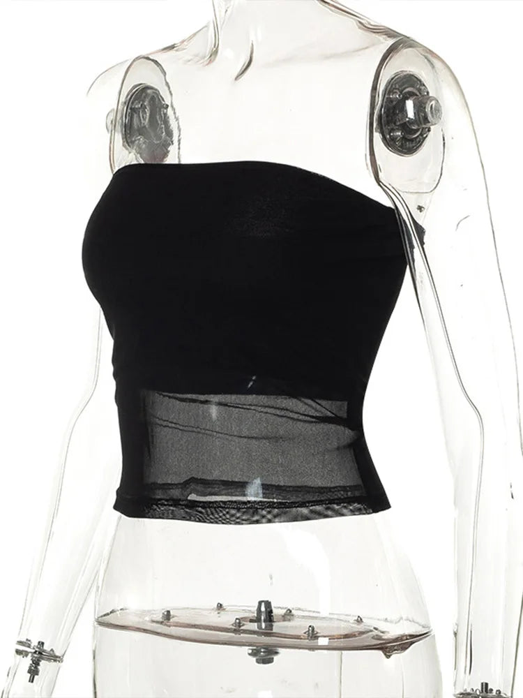 Top corto negro con corsé de malla para mujer, top de tubo con retazos, top sexy sin mangas con hombros descubiertos, camisola de verano, camisetas sin tirantes ajustadas
