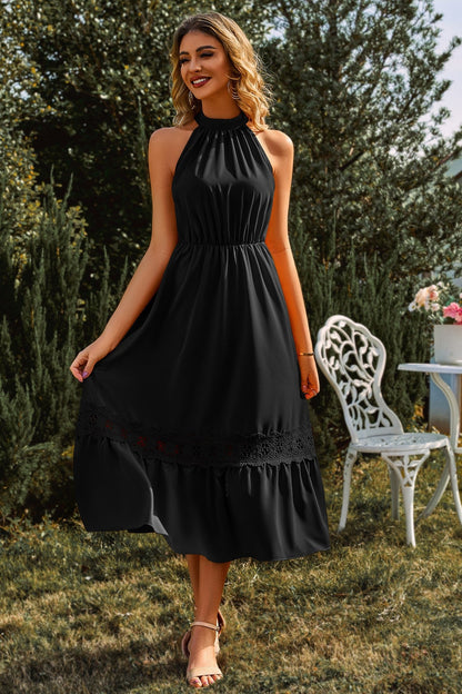 Vestido midi sin mangas con cuello alto y dobladillo de encaje 