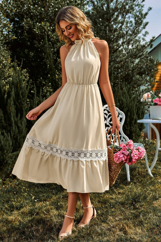 Vestido midi sin mangas con cuello alto y dobladillo de encaje 
