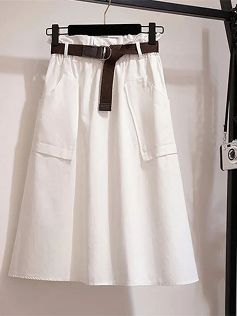 Falda Midi hasta la rodilla de verano y otoño para mujer, sin cinturón, informal, de algodón, lisa, de cintura alta, para el sol y la escuela, para mujer