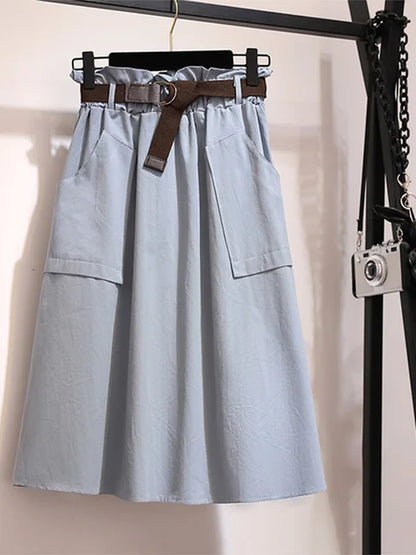 Falda Midi hasta la rodilla de verano y otoño para mujer, sin cinturón, informal, de algodón, lisa, de cintura alta, para el sol y la escuela, para mujer