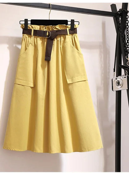 Falda Midi hasta la rodilla de verano y otoño para mujer, sin cinturón, informal, de algodón, lisa, de cintura alta, para el sol y la escuela, para mujer