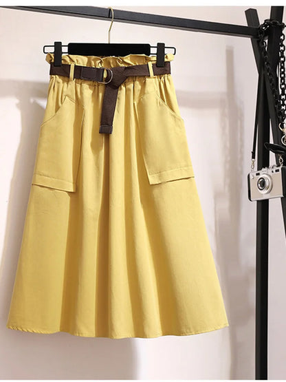 Falda Midi hasta la rodilla de verano y otoño para mujer, sin cinturón, informal, de algodón, lisa, de cintura alta, para el sol y la escuela, para mujer