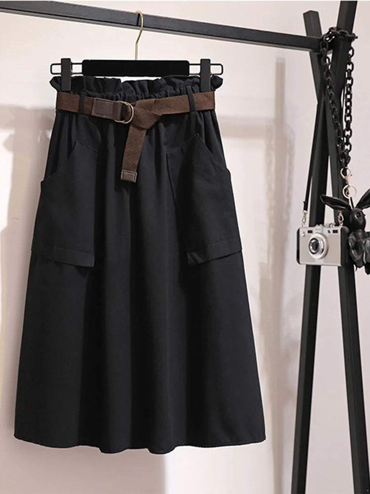 Falda Midi hasta la rodilla de verano y otoño para mujer, sin cinturón, informal, de algodón, lisa, de cintura alta, para el sol y la escuela, para mujer