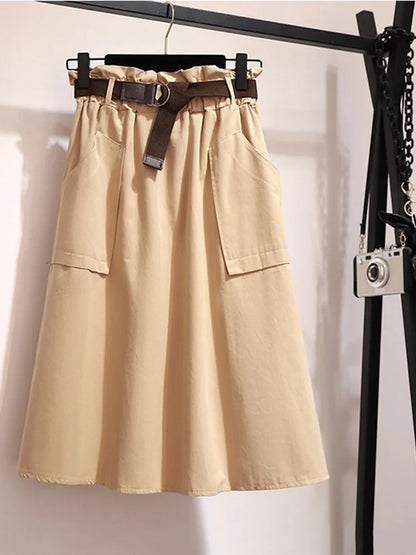 Falda Midi hasta la rodilla de verano y otoño para mujer, sin cinturón, informal, de algodón, lisa, de cintura alta, para el sol y la escuela, para mujer