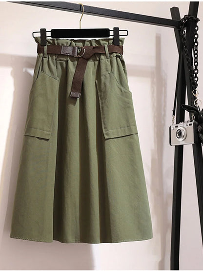 Falda Midi hasta la rodilla de verano y otoño para mujer, sin cinturón, informal, de algodón, lisa, de cintura alta, para el sol y la escuela, para mujer