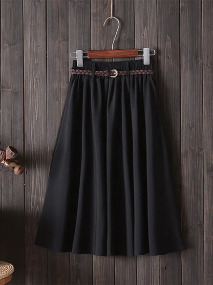 Falda midi hasta la rodilla de verano para mujer con cinturón 2025, falda escolar plisada de cintura alta coreana para mujer