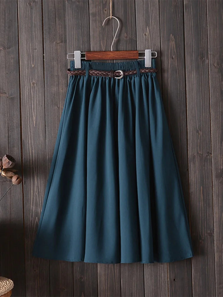 Falda midi hasta la rodilla de verano para mujer con cinturón 2025, falda escolar plisada de cintura alta coreana para mujer