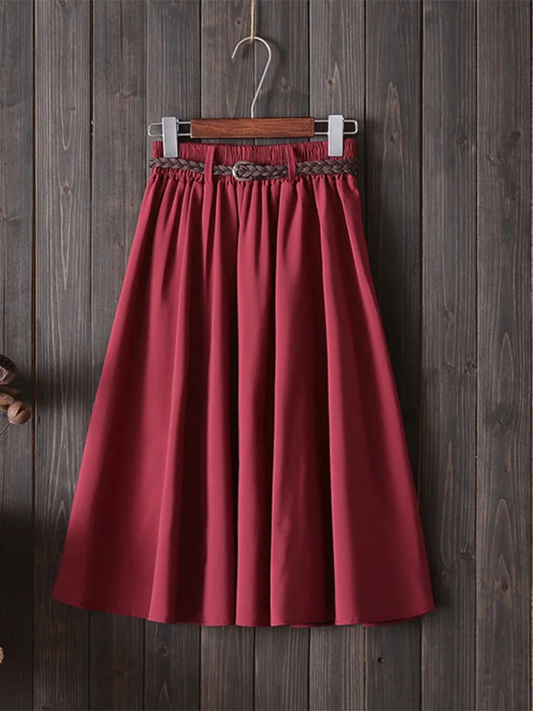 Falda midi hasta la rodilla de verano para mujer con cinturón 2025, falda escolar plisada de cintura alta coreana para mujer