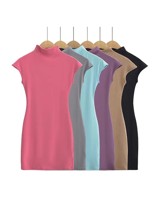 Mini vestidos para mujer 2025 Vestido de punto de verano Ropa vintage sexy Vestidos negros Manga corta Cuello alto Vestido rosa Bodycon