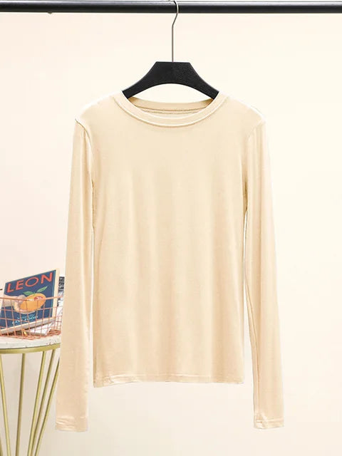Camiseta básica modal lisa de manga larga con cuello redondo para mujer, camiseta de otoño, camiseta que combina con todo, camiseta interior