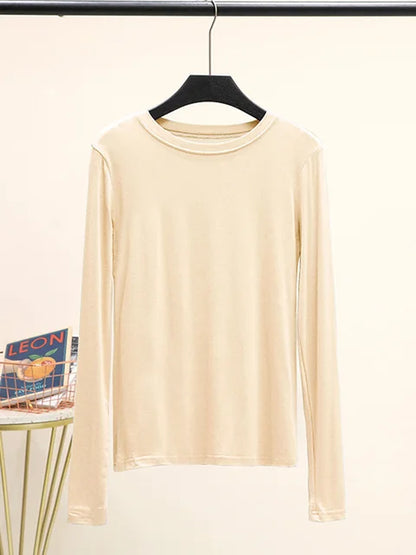 Camiseta básica modal lisa de manga larga con cuello redondo para mujer, camiseta de otoño, camiseta que combina con todo, camiseta interior