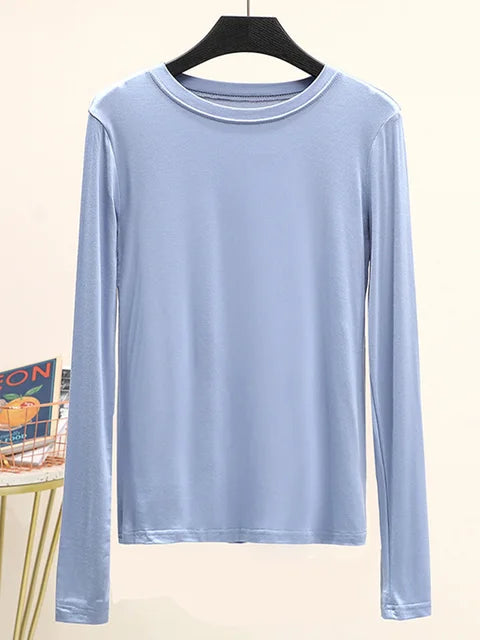 Camiseta básica modal lisa de manga larga con cuello redondo para mujer, camiseta de otoño, camiseta que combina con todo, camiseta interior