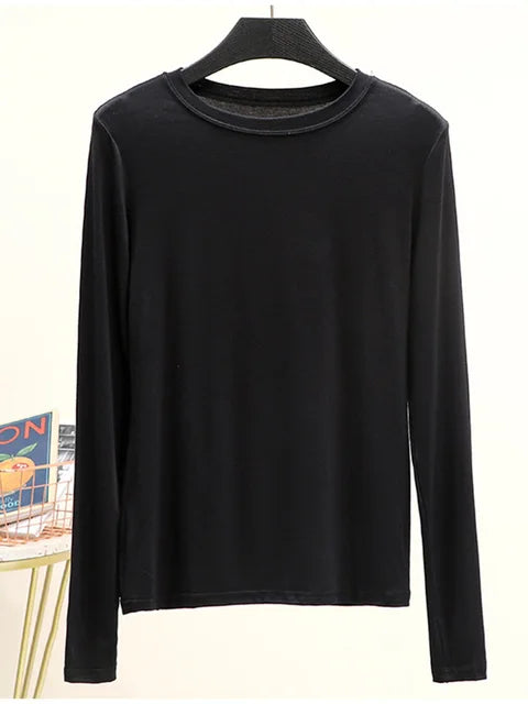 Camiseta básica modal lisa de manga larga con cuello redondo para mujer, camiseta de otoño, camiseta que combina con todo, camiseta interior
