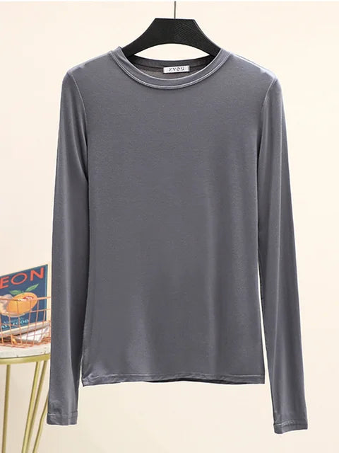 Camiseta básica modal lisa de manga larga con cuello redondo para mujer, camiseta de otoño, camiseta que combina con todo, camiseta interior