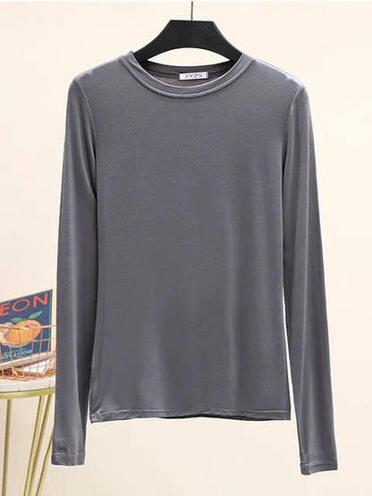 Camiseta básica modal lisa de manga larga con cuello redondo para mujer, camiseta de otoño, camiseta que combina con todo, camiseta interior