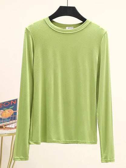 Camiseta básica modal lisa de manga larga con cuello redondo para mujer, camiseta de otoño, camiseta que combina con todo, camiseta interior