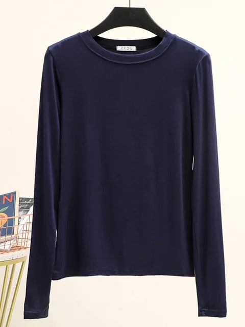 Camiseta básica modal lisa de manga larga con cuello redondo para mujer, camiseta de otoño, camiseta que combina con todo, camiseta interior