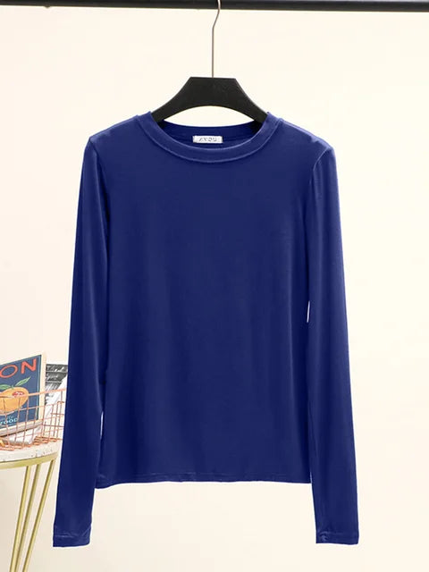 Camiseta básica modal lisa de manga larga con cuello redondo para mujer, camiseta de otoño, camiseta que combina con todo, camiseta interior
