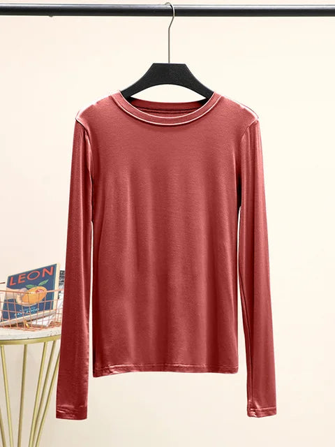 Camiseta básica modal lisa de manga larga con cuello redondo para mujer, camiseta de otoño, camiseta que combina con todo, camiseta interior