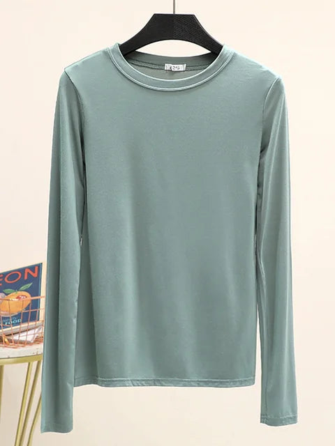 Camiseta básica modal lisa de manga larga con cuello redondo para mujer, camiseta de otoño, camiseta que combina con todo, camiseta interior