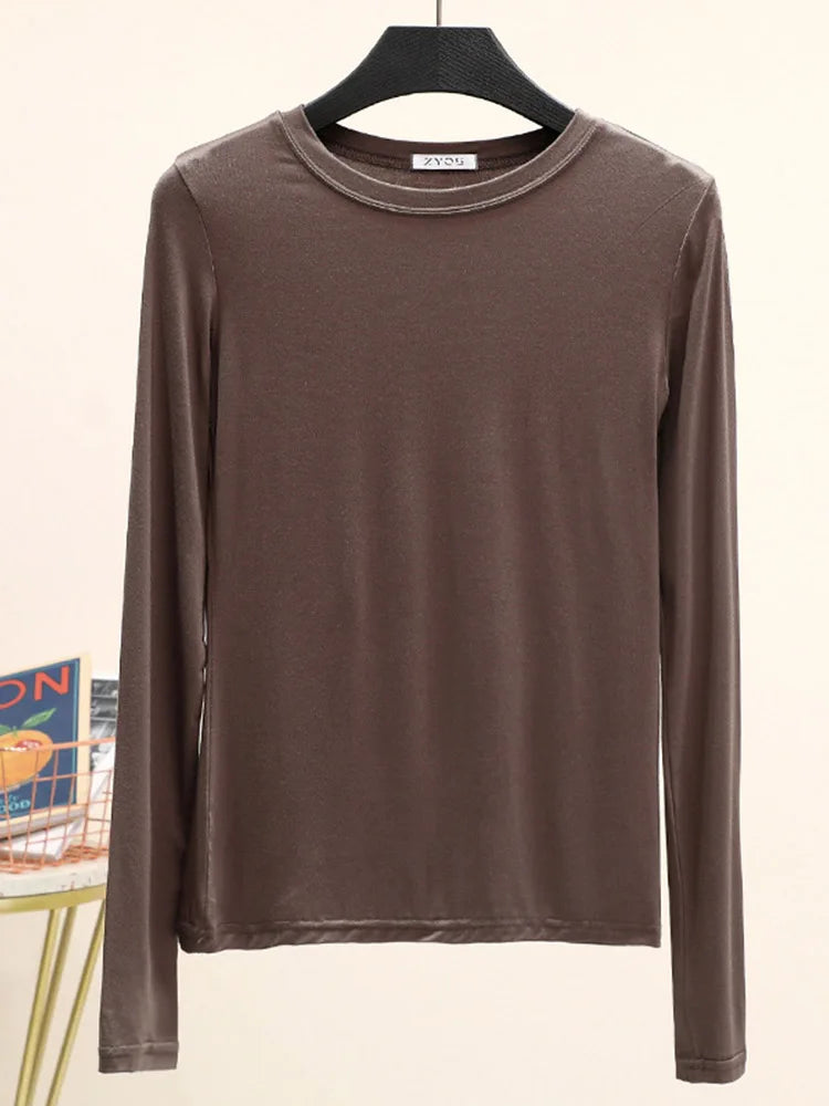 Camiseta básica modal lisa de manga larga con cuello redondo para mujer, camiseta de otoño, camiseta que combina con todo, camiseta interior