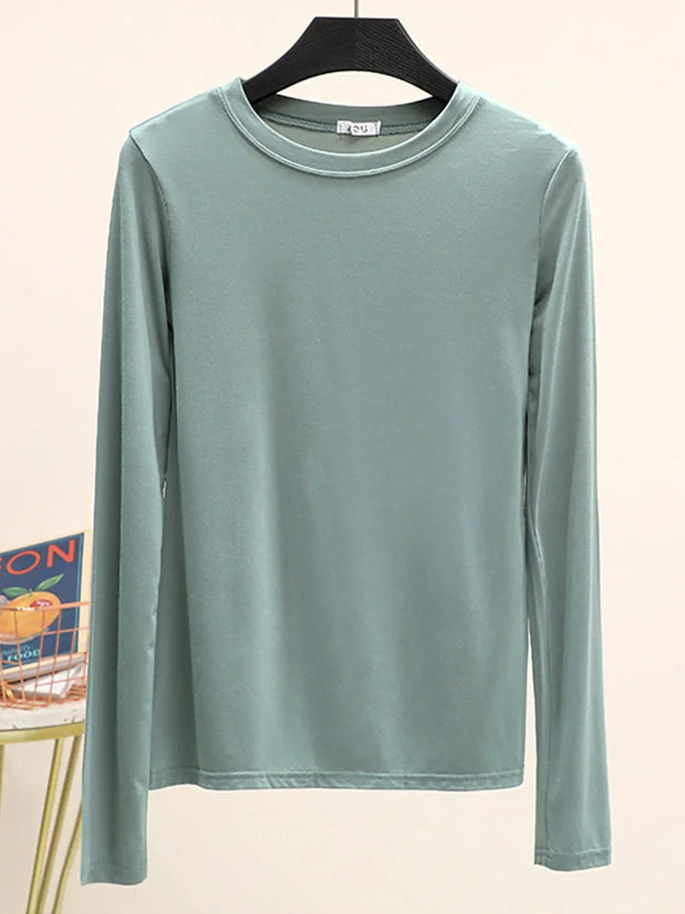 Camiseta básica modal lisa de manga larga con cuello redondo para mujer, camiseta de otoño, camiseta que combina con todo, camiseta interior