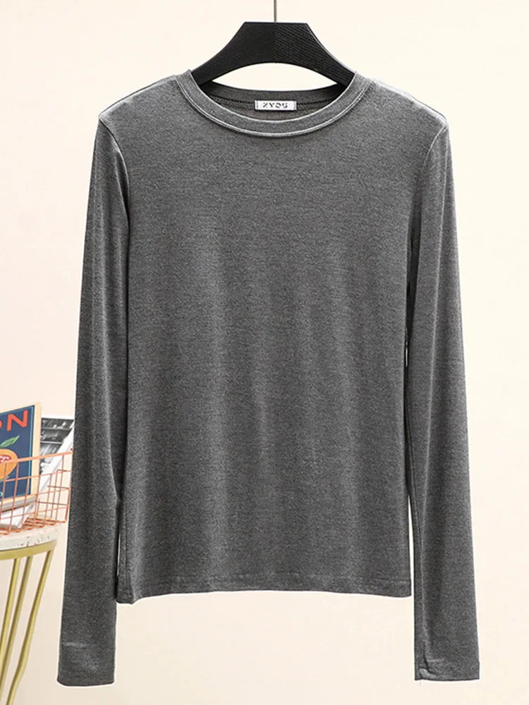 Camiseta básica modal lisa de manga larga con cuello redondo para mujer, camiseta de otoño, camiseta que combina con todo, camiseta interior