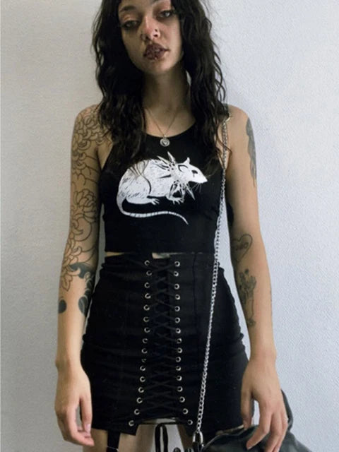Camiseta negra con estampado de ratón, estilo gótico, sexy, ajustada, corta, estilo urbano, estilo Harajuku, de punto, con cuello redondo, básica