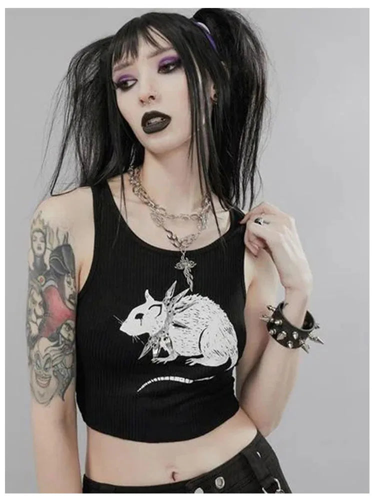 Camiseta negra con estampado de ratón, estilo gótico, sexy, ajustada, corta, estilo urbano, estilo Harajuku, de punto, con cuello redondo, básica