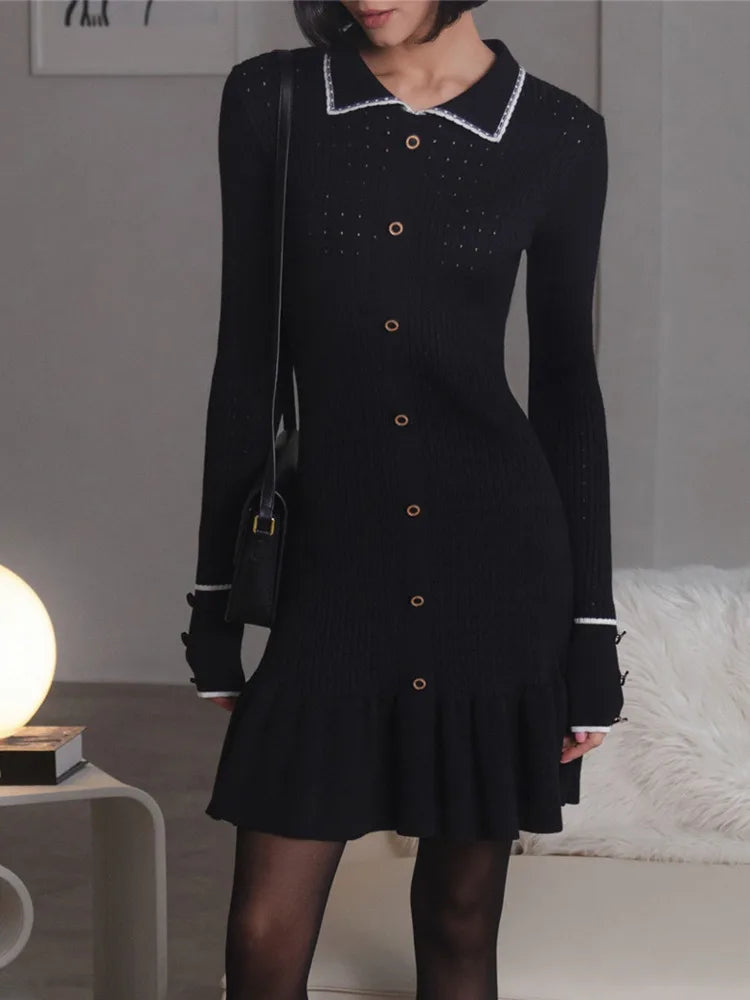 Autumn Long Sleeve Knit Dress For Women Fashion Lapel Single-btrasted Button High Waist Ruffled Mini Dress Knitwear