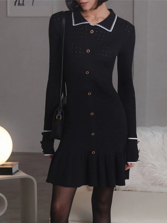Autumn Long Sleeve Knit Dress For Women Fashion Lapel Single-btrasted Button High Waist Ruffled Mini Dress Knitwear