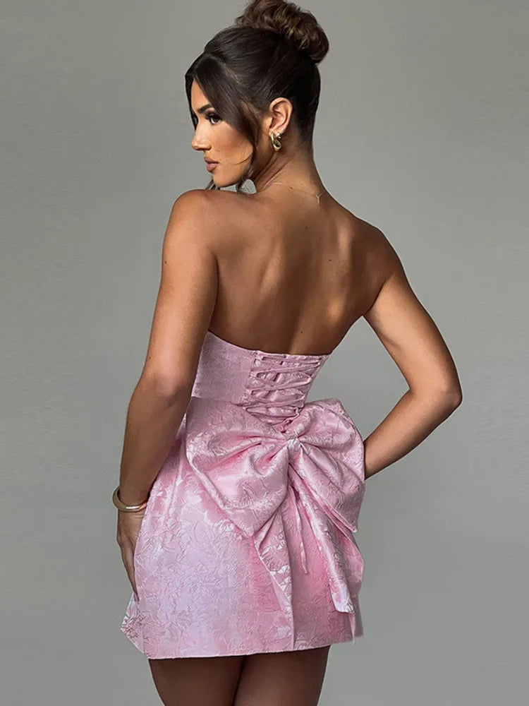Backless Bow Sexy Mini Dress For Women Fashion Off-shoulder Strapless Sleeveless Bodycon Club Party Dress Elegant